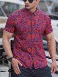 Feather & Paisley & Floral Print Holiday Short Sleeve Shirt for Men