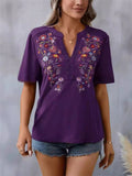 Floral Embroidered Spliced Lace Women's V-Neck T-shirt