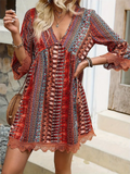 Bohemian Print V Neck Lace Hem Mini Dress for Women