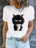 Lovely Little Black Cat Print Round Neck T-shirts for Women