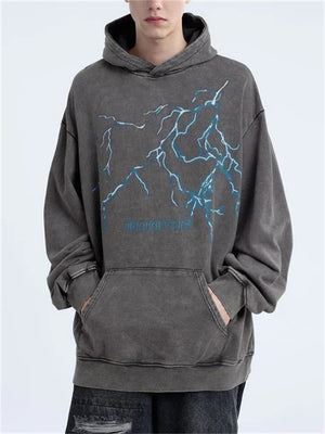 Couples Hip Hop Washed Lightning Graphic Hoodies