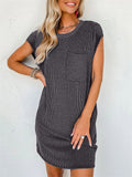 Summer Casual Round Neck Chest Pocket Mini Striped Dress for Lady