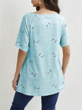 Zip V Neck Heart-Shaped Print Short Sleeve Shirt for Women