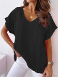 Women's V Neck Short Sleeve Cozy Cotton Linen T-shirt for Summer