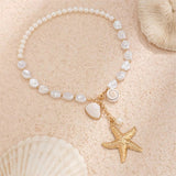 Women's Gold Starfish White Conch Pendant Irregular Pearl Beach Necklace