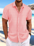 Men's Striped Texture Cotton Linen Short Sleeve Shirt