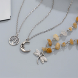 3Pcs/Set Dragonfly Irregular Stone & Mini Tree & Moon Pendant Necklaces