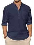 Men's Cotton Linen Button Henley Shirts with Pocket