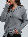 Women's Solid Single-breasted Drawstring Hooded Knitted Sweater