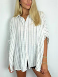 Vintage Vertical Stripe Batwing Sleeve Plus Size Ladies Blouses