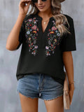 Floral Embroidered Spliced Lace Women's V-Neck T-shirt