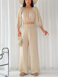Female Candy Color Off Shoulder Puff Sleeve Crop Top + Casual Pants
