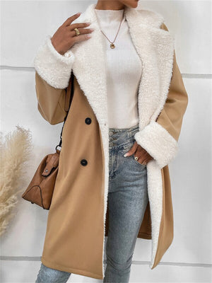 Autumn Khaki Plush Lapel Woolen Coat for Women