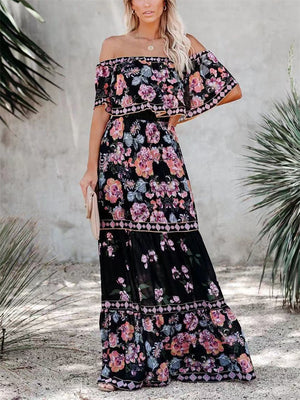 Women's Flower Print Off Shoulder Bohemian Dress