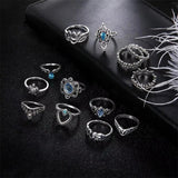 Women's 13Pcs/Set Blue Crystal Silver Hollow Flower Crown Rings