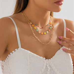 3Pcs/Set Colorful Daisy Metal Ring Chain Necklaces for Women