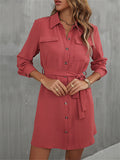 Ladies Button Lace-Up French Style A-line Blouse Dress