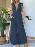 Leisure Wide-legged Deep V Jumpsuit for Women