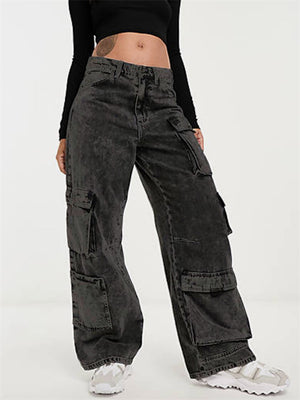 Ladies Dark Gray Multi-Pocket Denim Cargo Trouser