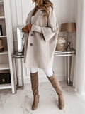 Women's 3/4 Sleeves Buttoned Lapel Faux Wool Coat with Pockets