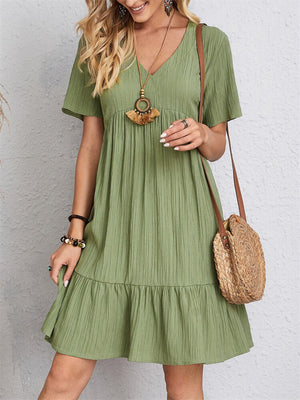 Women's Summer Short Sleeve V Neck Pleated Mini Dress