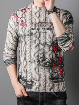 Male Plum Blossom Print Autumn Winter Sweater