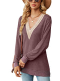 Contrast Color Lace Trim Long Sleeve T-shirt for Ladies