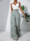 Women's Leaf Print High Waist Flowy Chiffon Wide Leg Pants