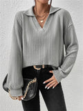 Women's Solid Color V Neck Striped Texture Long Sleeve Shirt