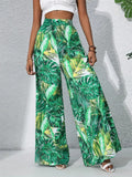 Women's Leaf Print High Waist Flowy Chiffon Wide Leg Pants