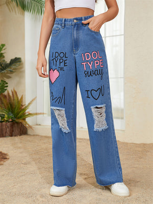 Women's Pink Heart Letter Graffiti Street Light Blue Jeans