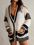 Lazy Contrast Color Stripe Button Up Loose Knitted Sweater for Women