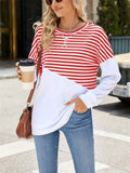 Stripe & Solid Color Round Neck Loose Sweatshirt for Female