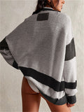 Lazy Contrast Color Stripe Button Up Loose Knitted Sweater for Women