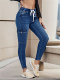 Women's Dark Blue Drawstring Multi-pocket Jeans