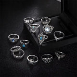 Women's 13Pcs/Set Blue Crystal Silver Hollow Flower Crown Rings