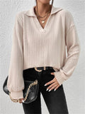 Women's Solid Color V Neck Striped Texture Long Sleeve Shirt