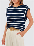 Leisure Round Neck Sleeveless Stripe Shirt for Women