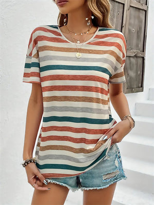 Rainbow Stripe Leisure Cozy Summer T-shirts for Women