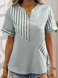 Leisure V Neck Stripe Patchwork Design Short Sleeve Shirt for Women