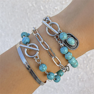 Couple 4pcs/Set OT Buckle Turquoise Stone Charm Bracelets