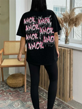 Women's O-Neck Letter AMOR Printing Ripped T-shirts