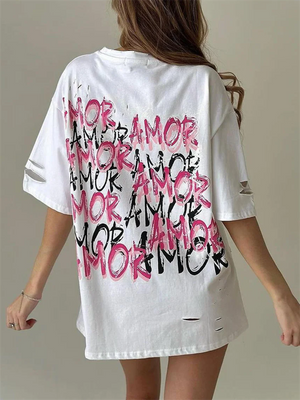 Women's O-Neck Letter AMOR Printing Ripped T-shirts