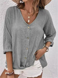 Women's Loose Fit Pullover Button Decoration V-Neck T-shirts