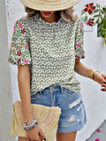 Ladies Floral Embroidered Leaf Print Puff Sleeve T-shirts