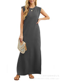 Simple Loose Round Neck Sleeveless Side Split Dress for Women