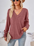 Buttoned Cuffs V-Neck Basic T-Shirts for Ladies