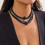 Exaggerated Multilayer Metal Chain Silver Black Necklace for Women