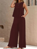 Women's Elegant Solid Color Sleeveless Shirt + Casual Pants