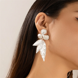 Female Three Leaves Faux Pearl Flowers Earrings